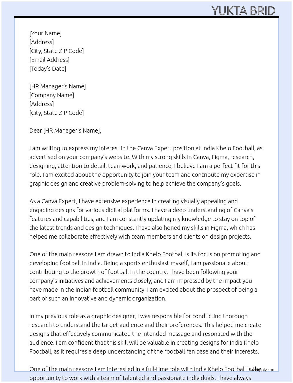 Canva Expert  At India Khelo Football  Cover Letter