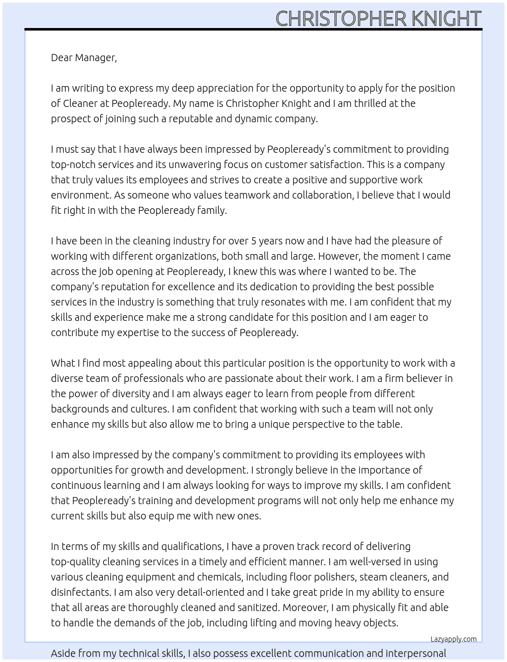 Cleaner At Peopleready Cover Letter