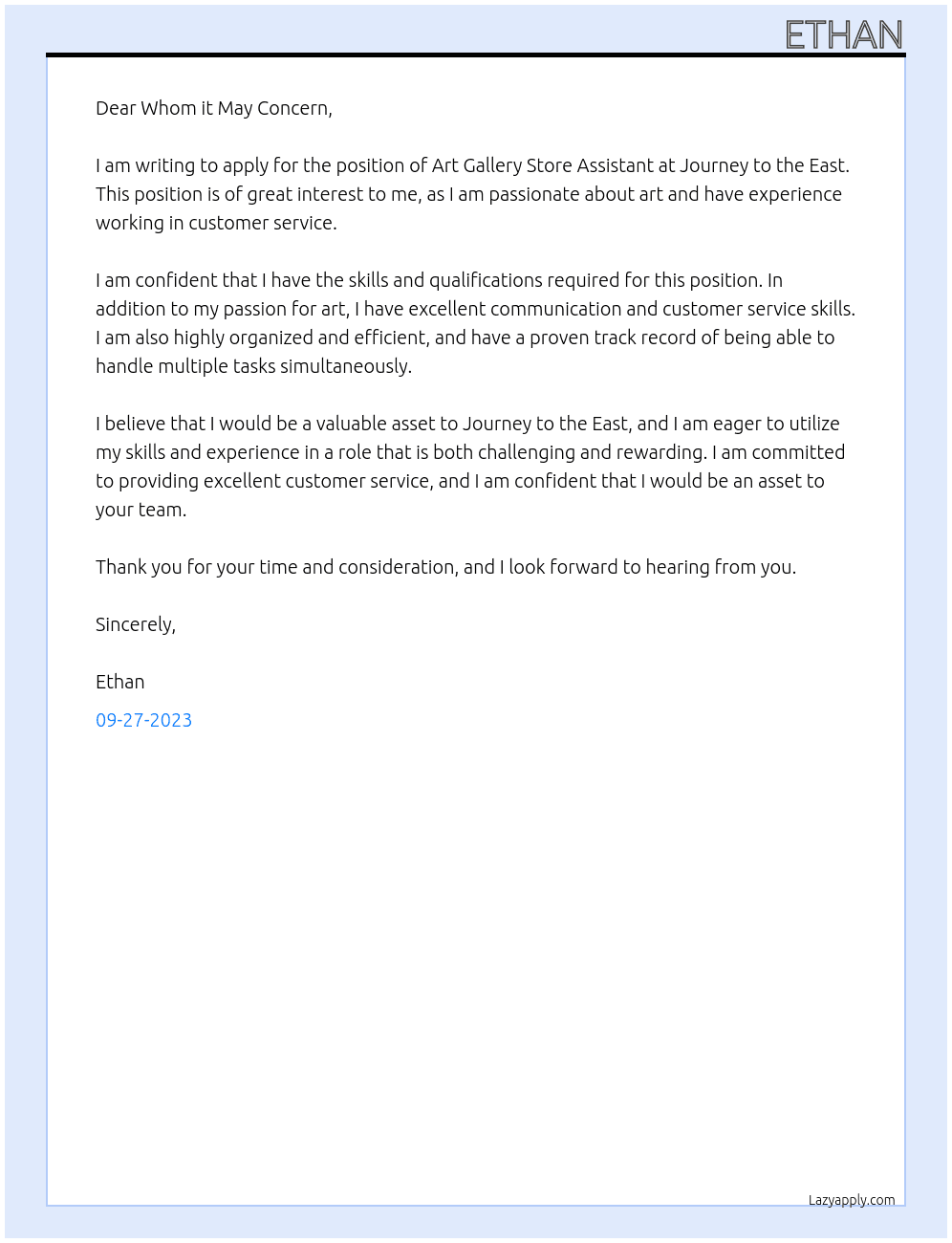 Art Gallery Store Assistant At Journey to the East Cover Letter