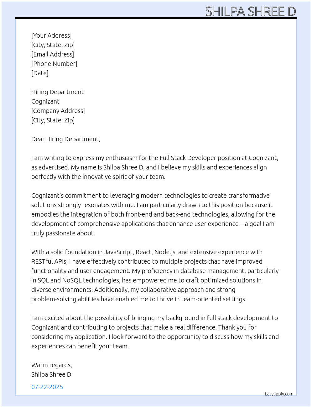 Full stack developer  At Cognizant  Cover Letter