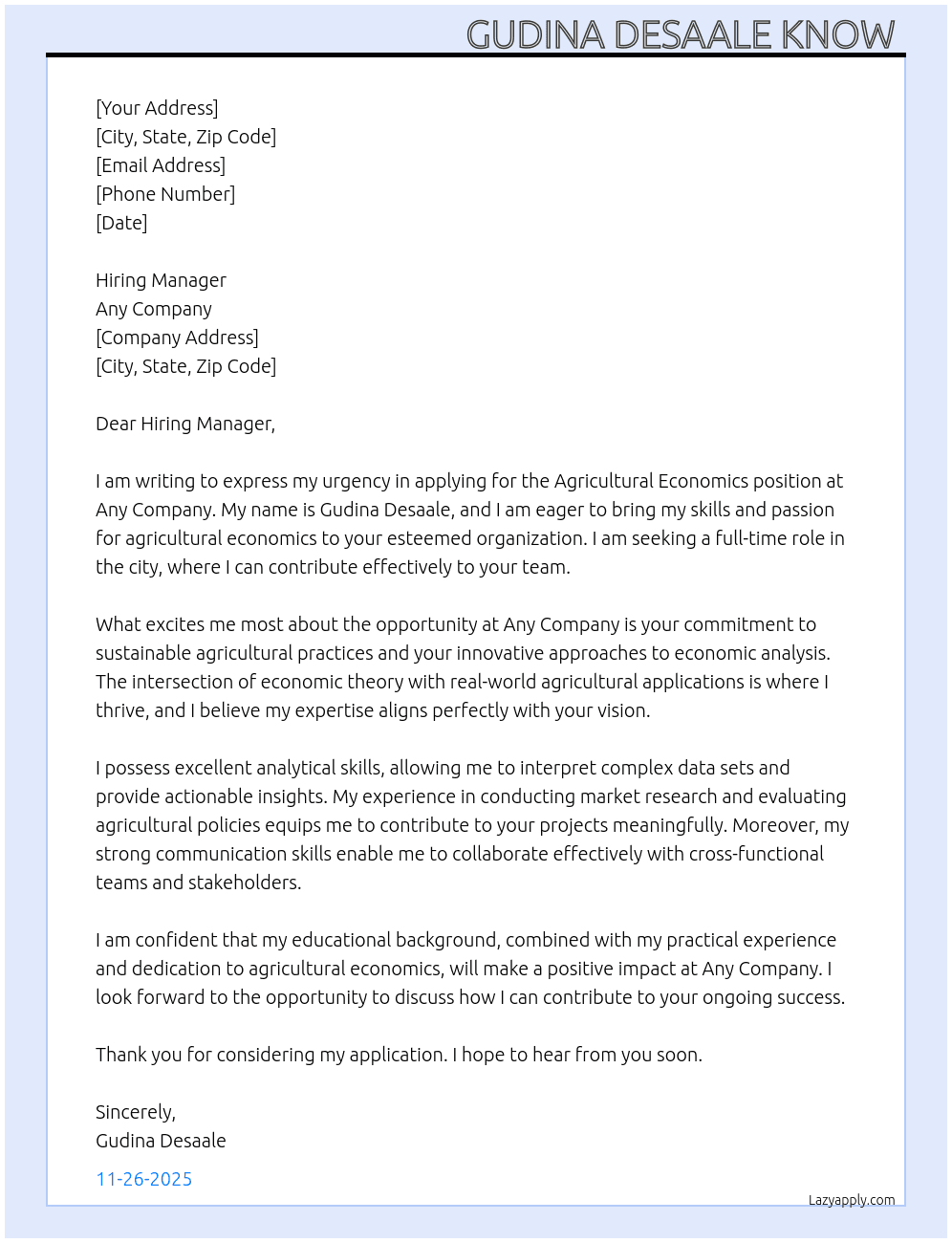 Agricultural economics  At Any company  Cover Letter