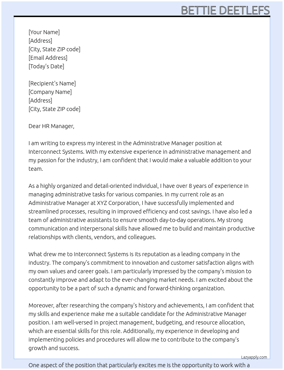 Administrative Manager At Interconnect Systems  Cover Letter