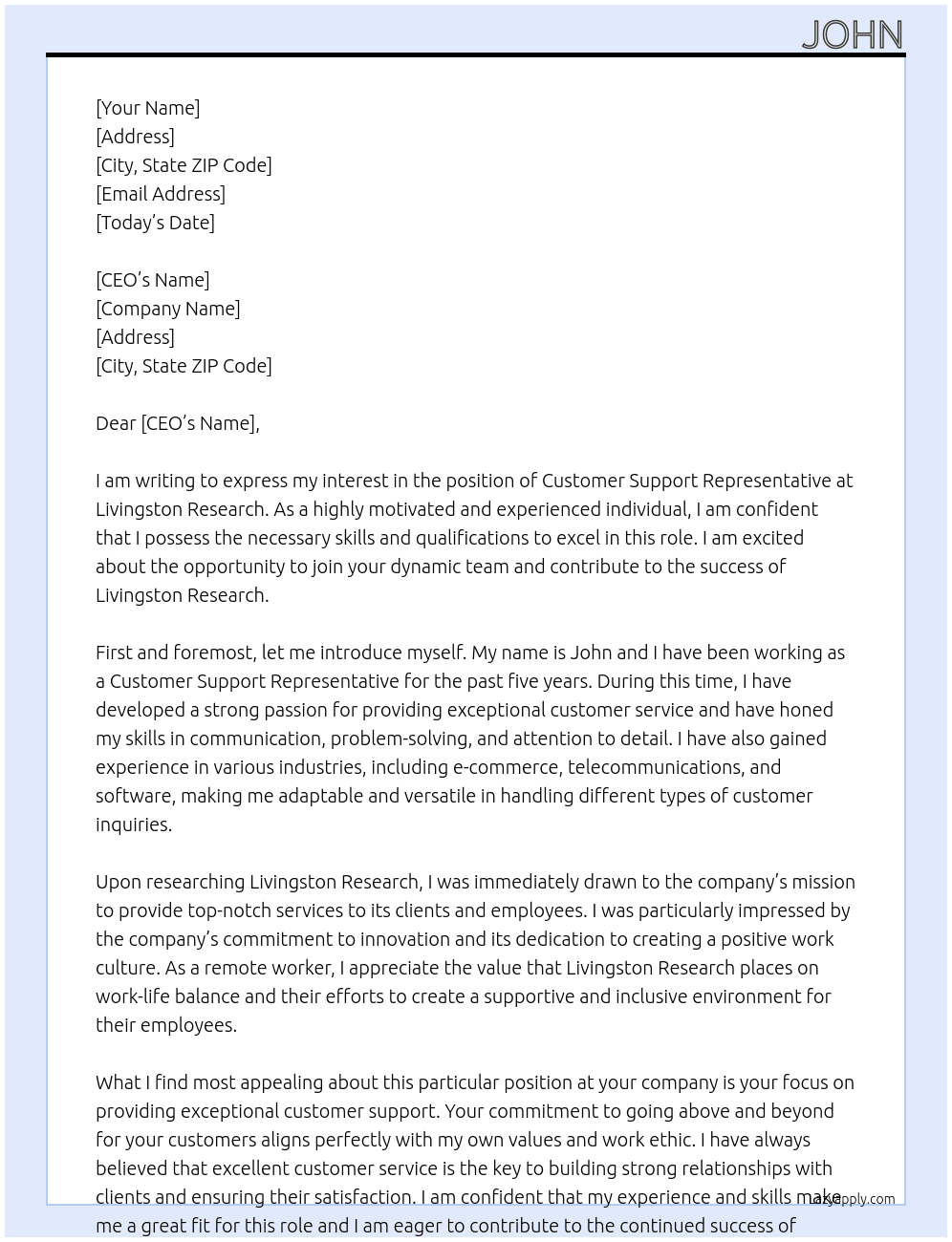 Customer Support Representative At Livingston Research Cover Letter