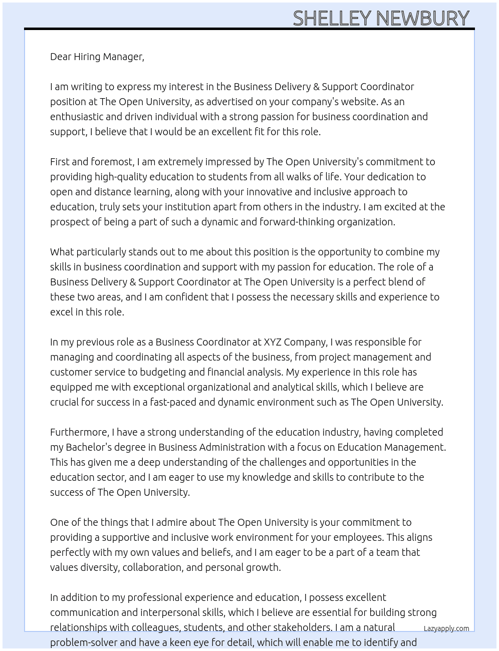 Business Delivery & Support Coordinator At The Open University  Cover Letter