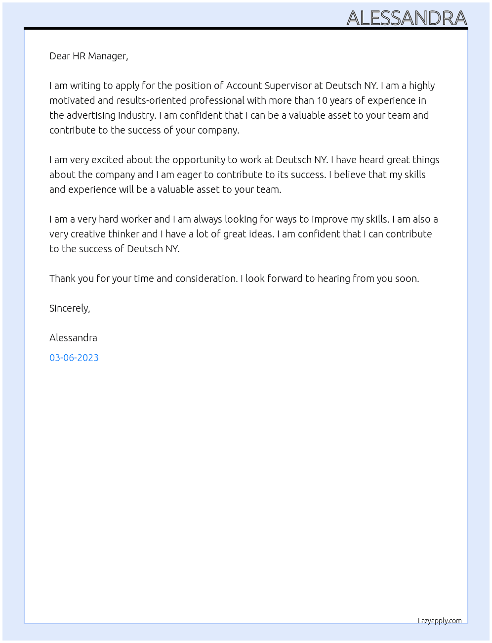 Account Supervisor At Deutsch NY Cover Letter
