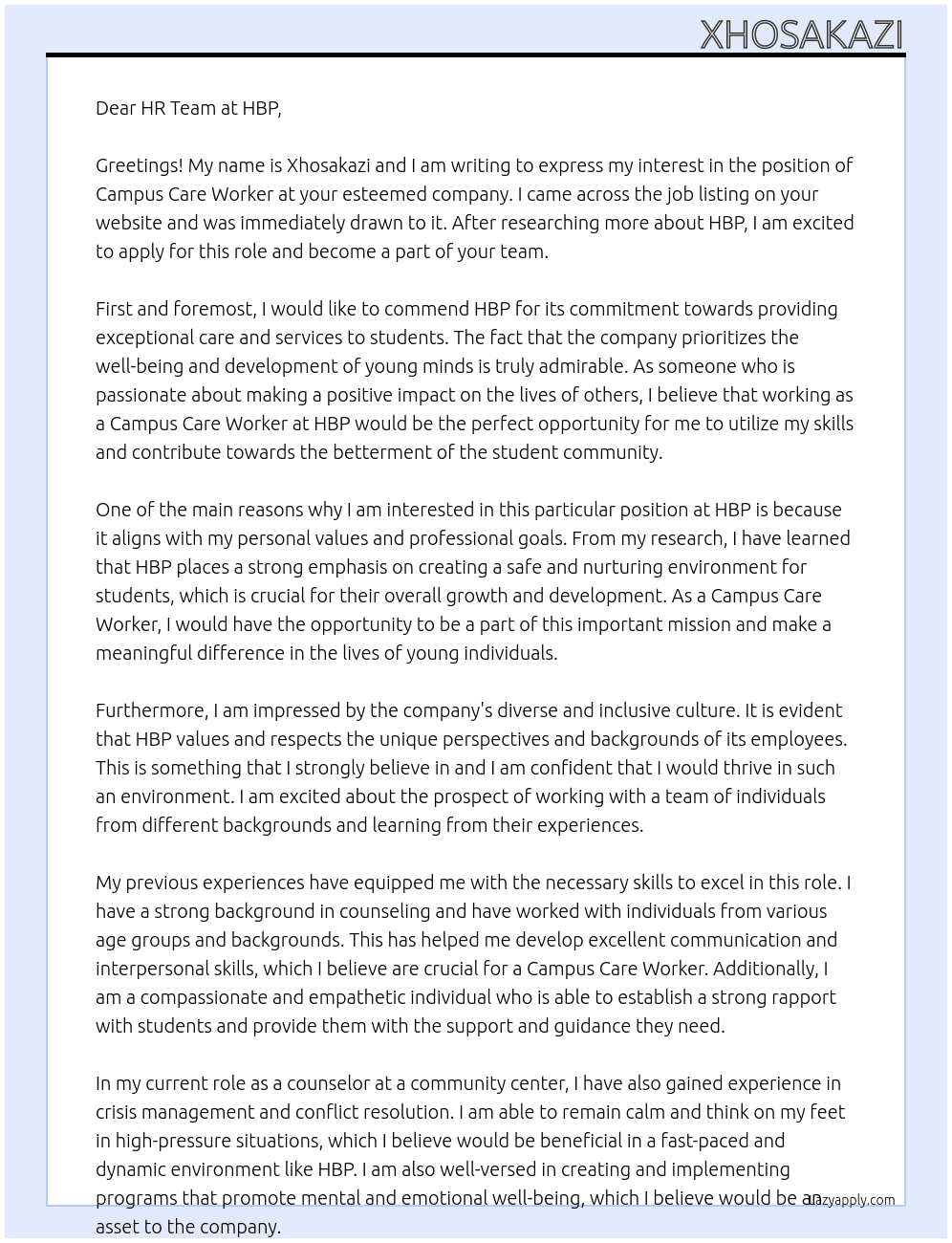 campus care worker At hbp Cover Letter
