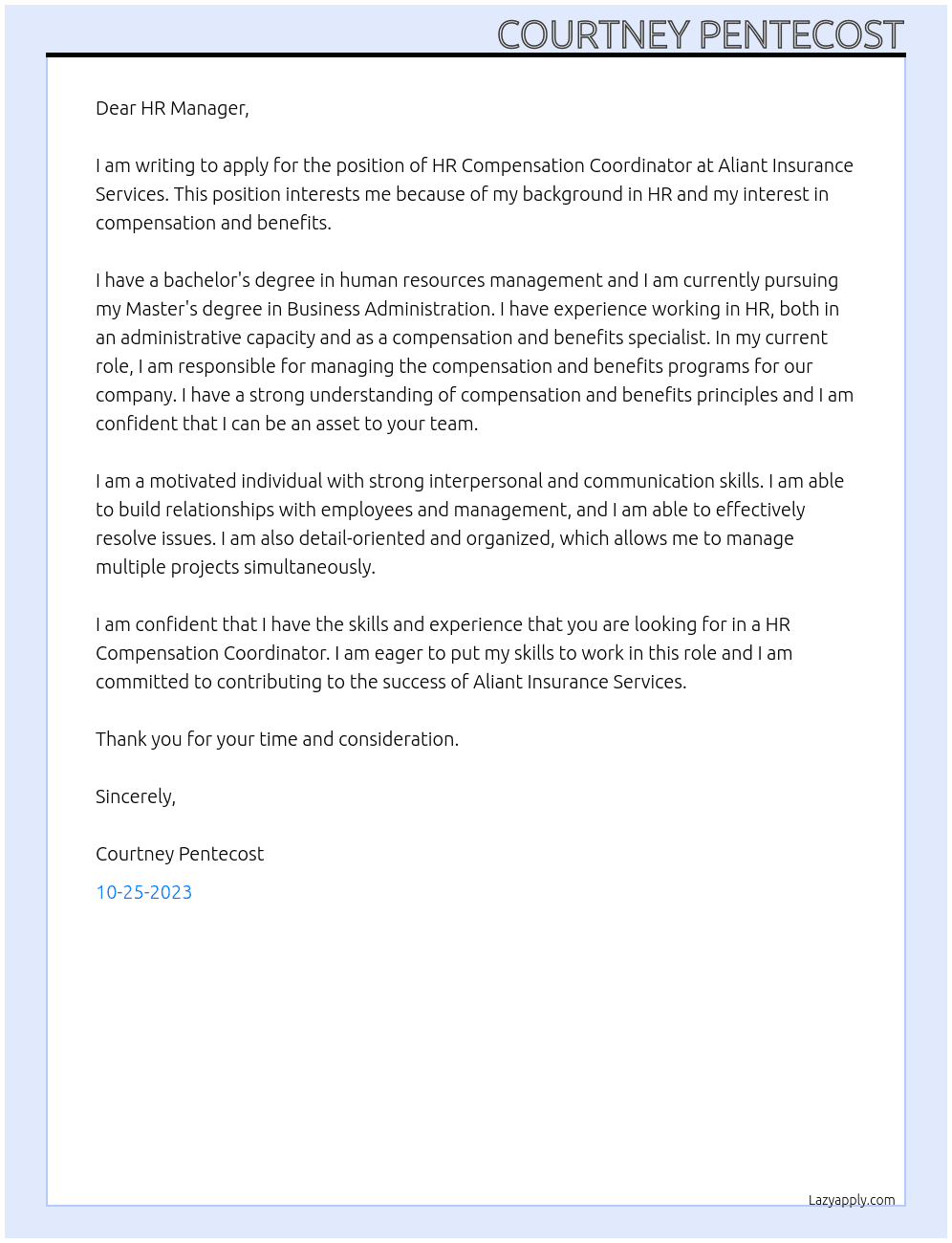 HR Compensation Coordinator At Aliant Insurance Services Cover Letter