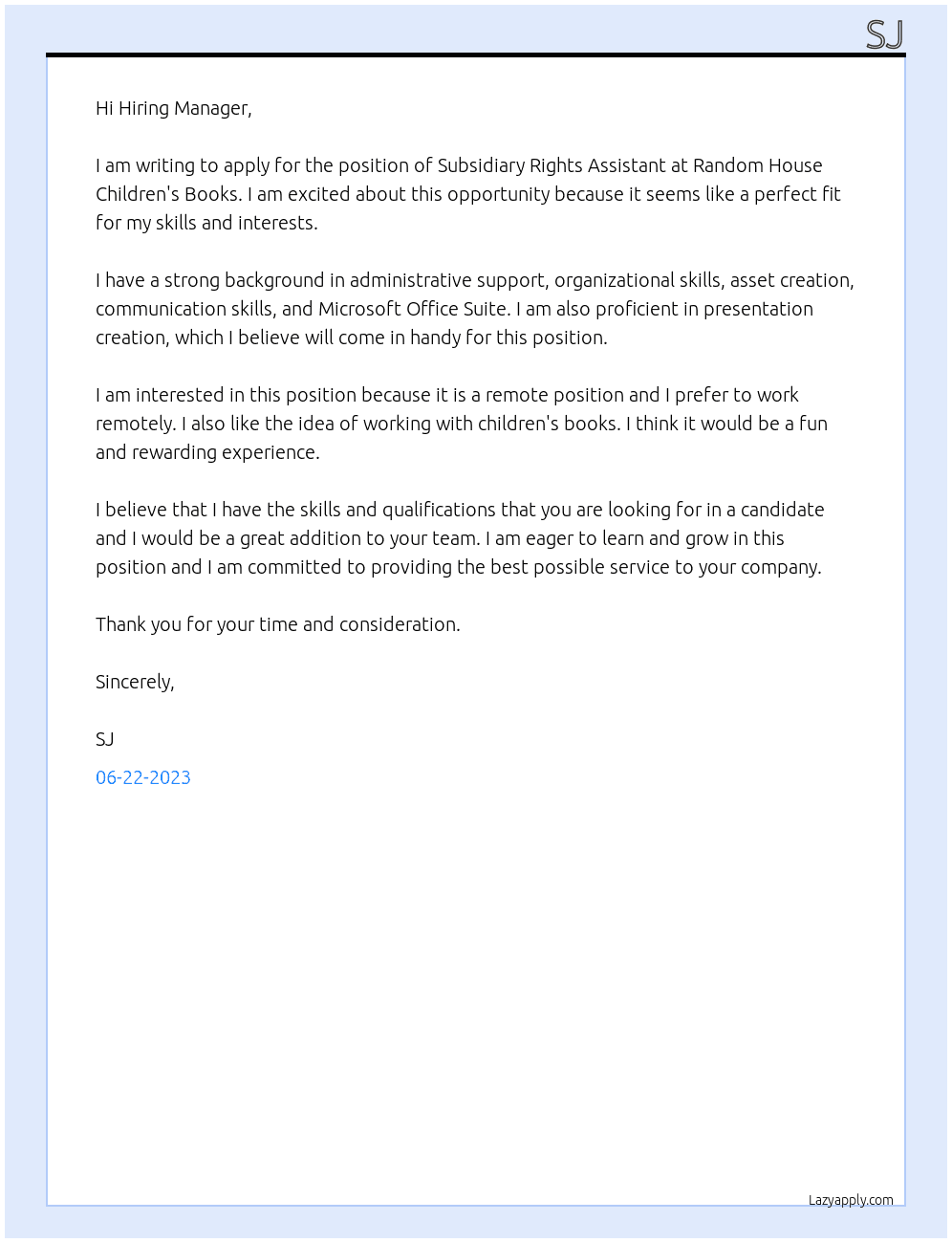 Subsidiary Rights Assistant At Random House Children's Books Cover Letter