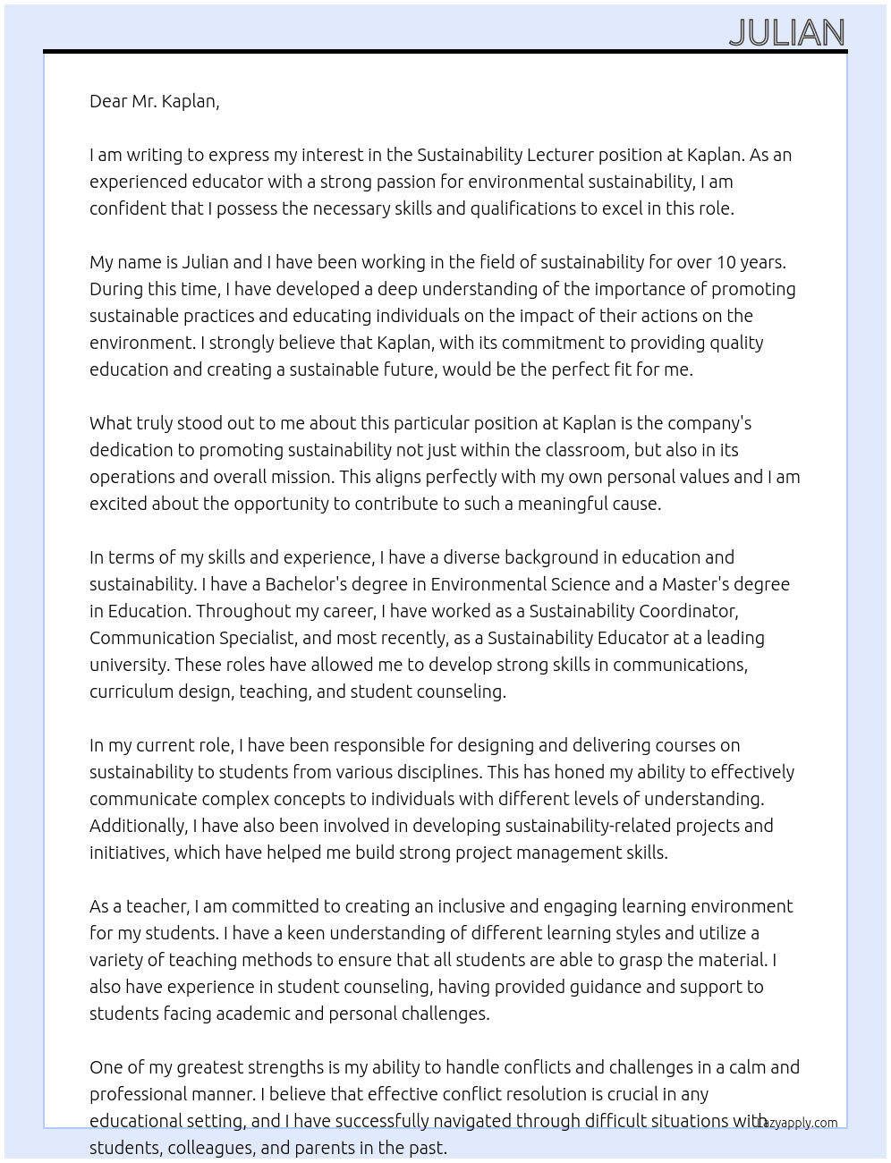 Sustainability Lecturer At Kaplan Cover Letter