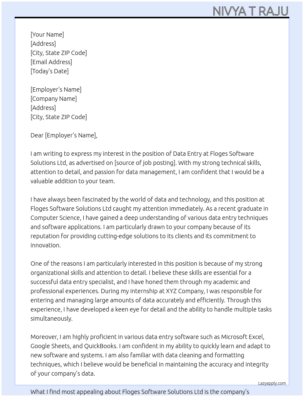 Data entry  At Floges Software Solutions Ltd Cover Letter