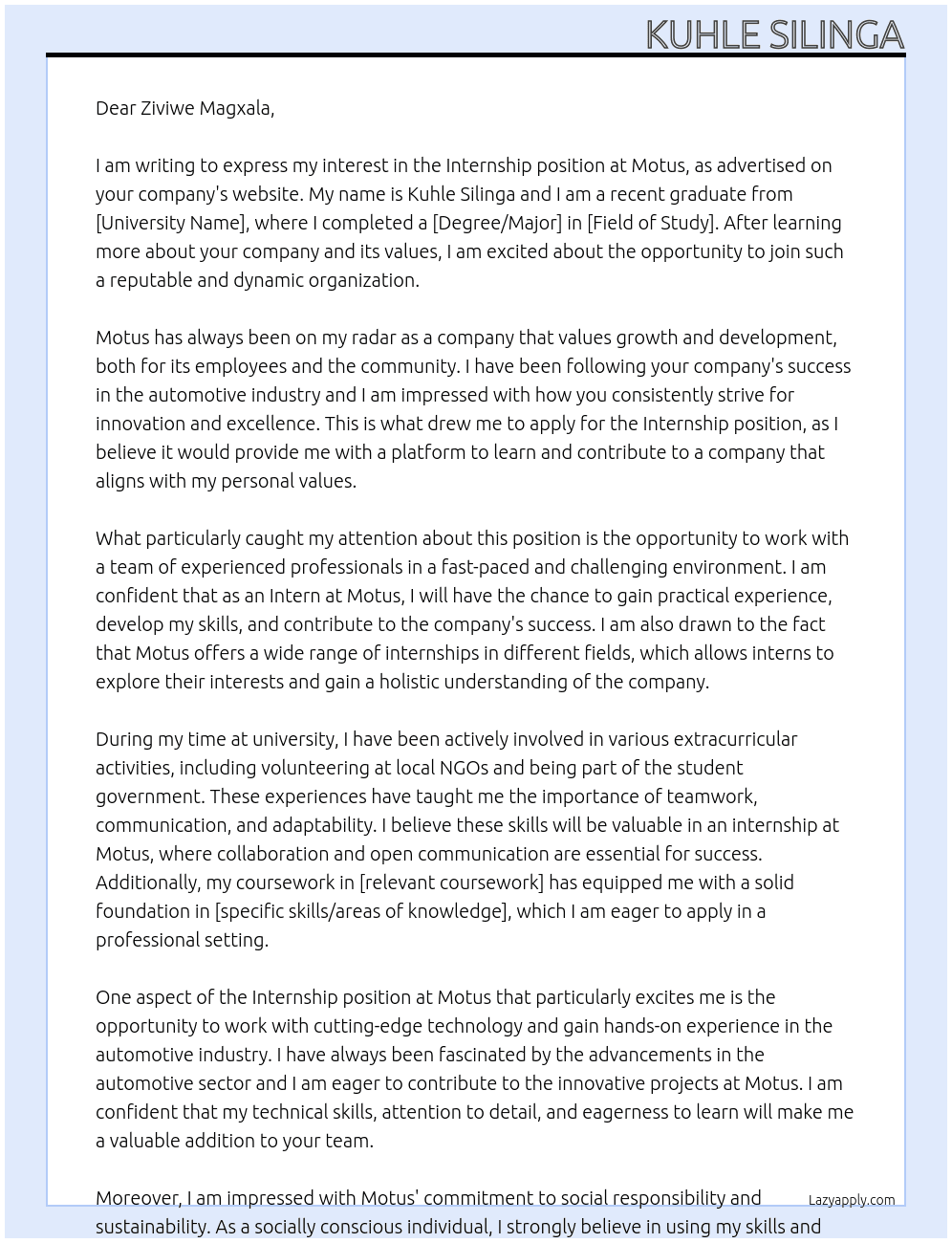 Internship At Motus Cover Letter