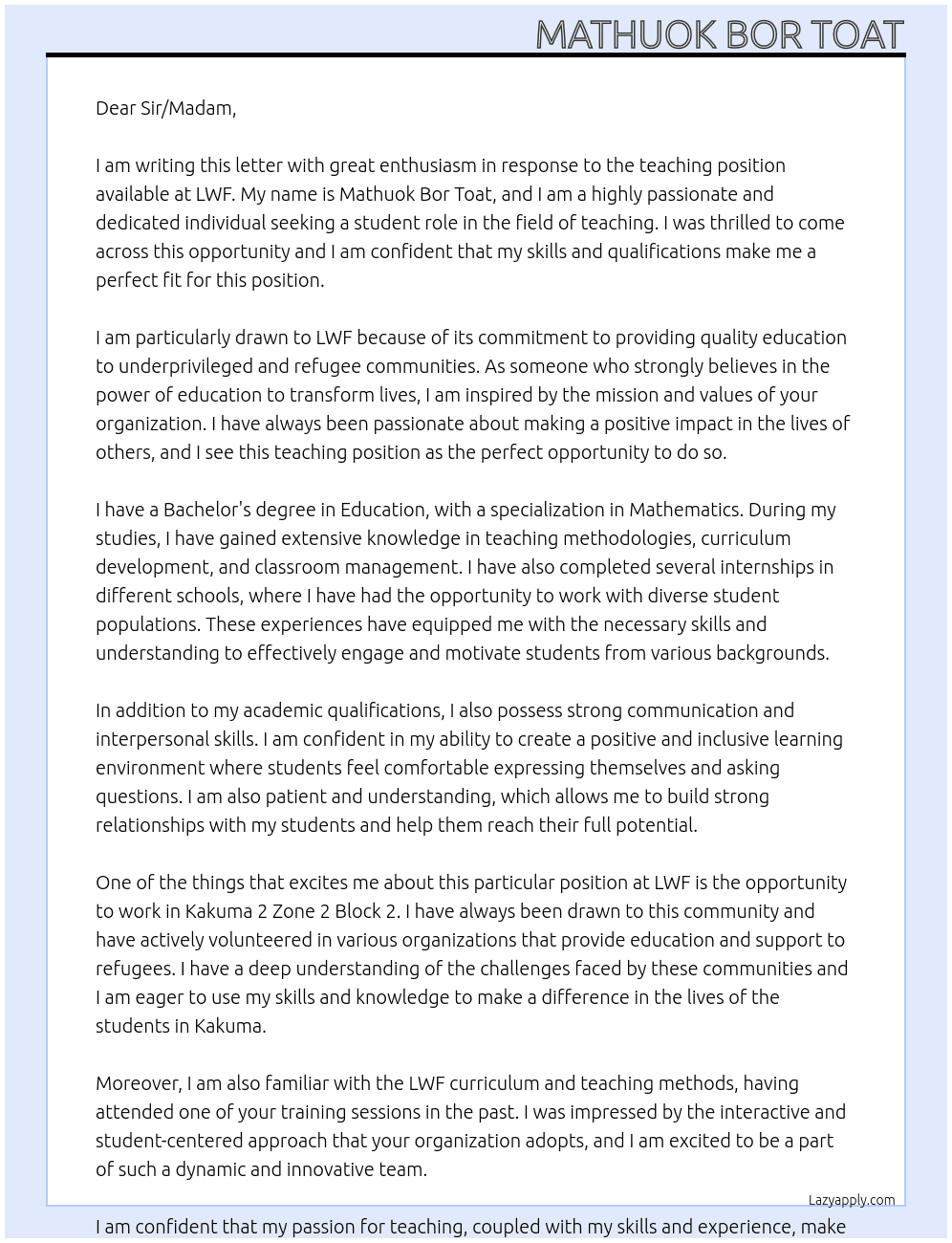 Teaching At LWF Cover Letter