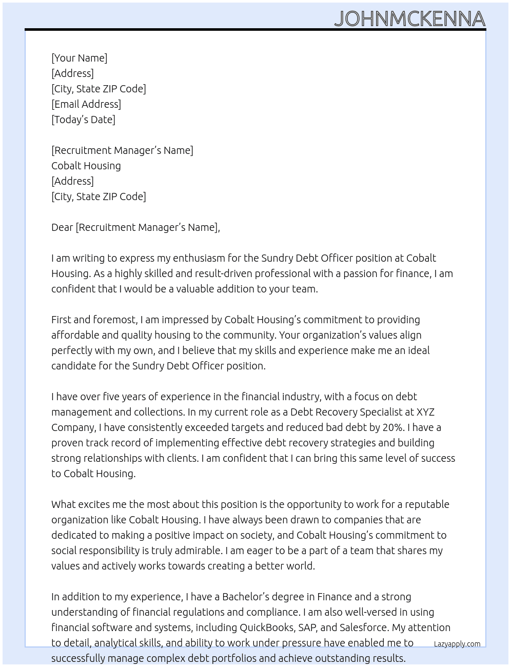 Sundry Debt Officer At Cobalt Housing  Cover Letter