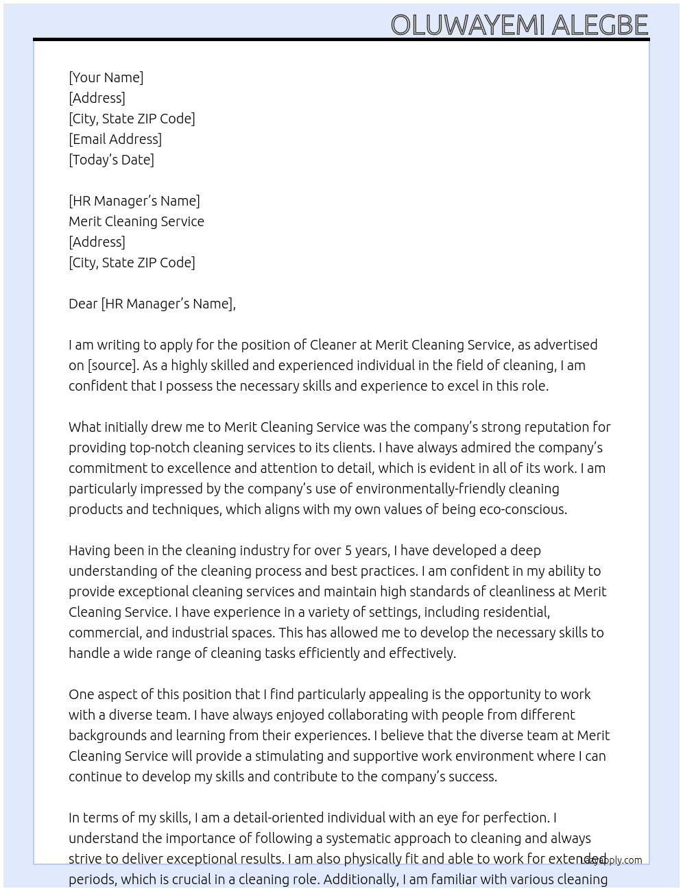 Cleaner At Merit Cleaning Service Cover Letter