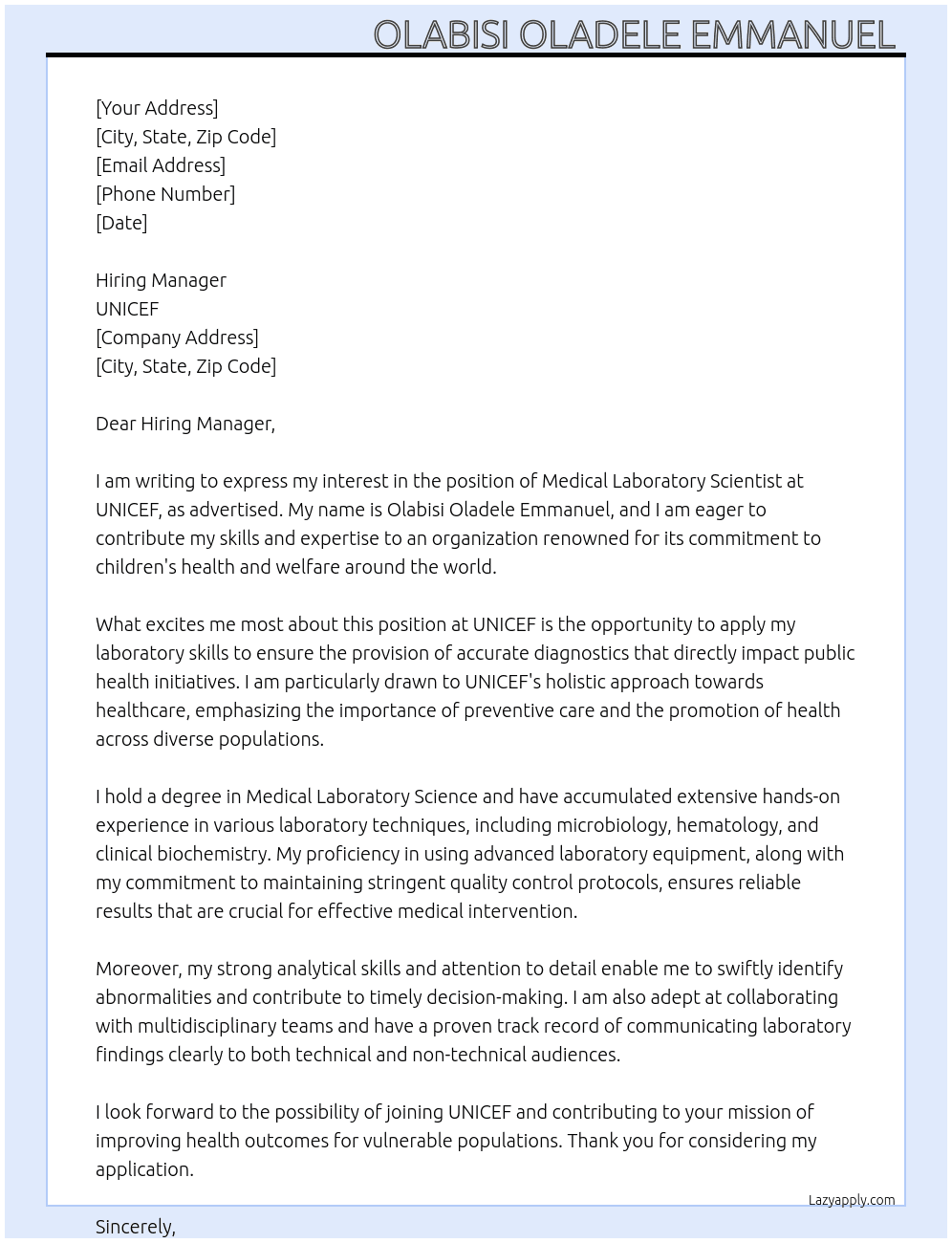 Medical laboratory scientist  At UNICEF Cover Letter