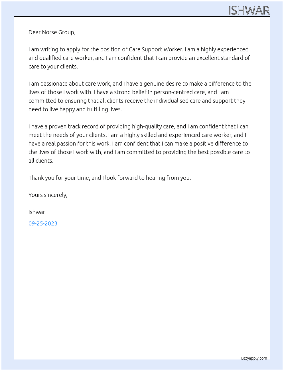 Care support worker  At Norse group  Cover Letter