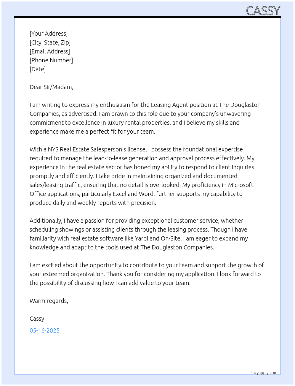 Leasing Agent At The Douglaston Companies Cover Letter