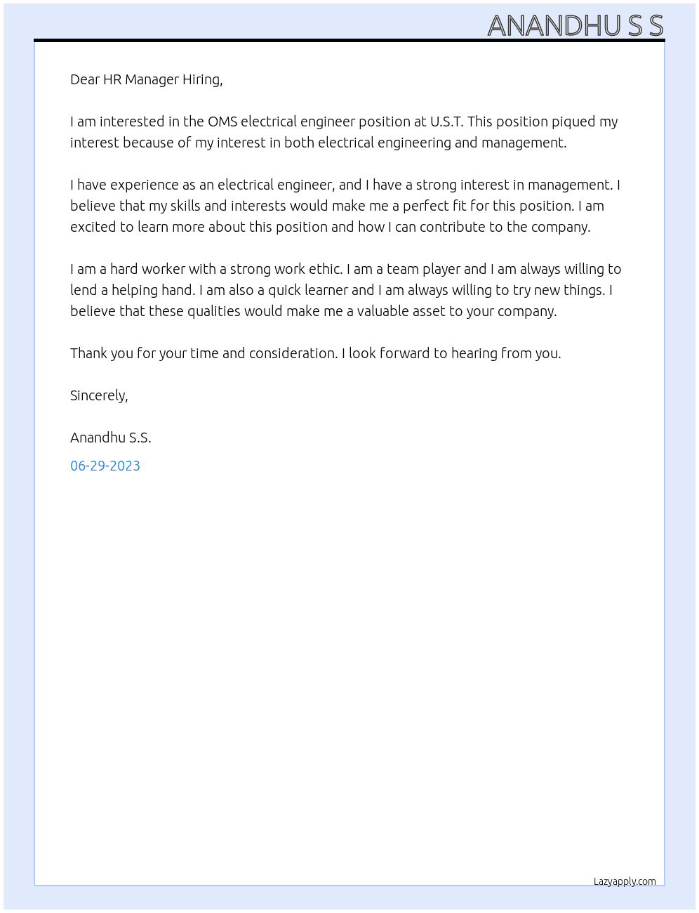 OMS electrical engineer At U.ST Cover Letter