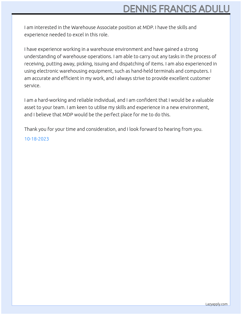 Warehouse associate At MDP  Cover Letter