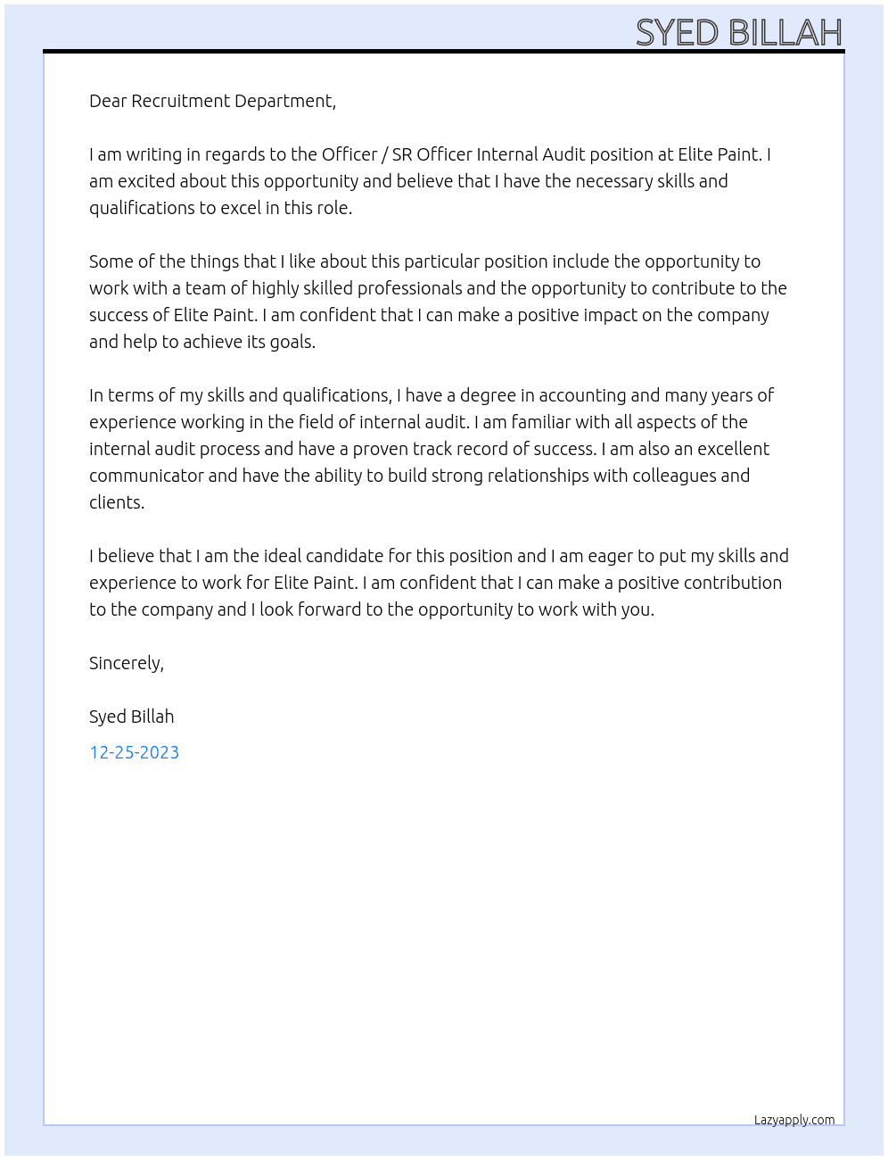 Officer / SR Officer Internal Audit  At Elite Paint Cover Letter