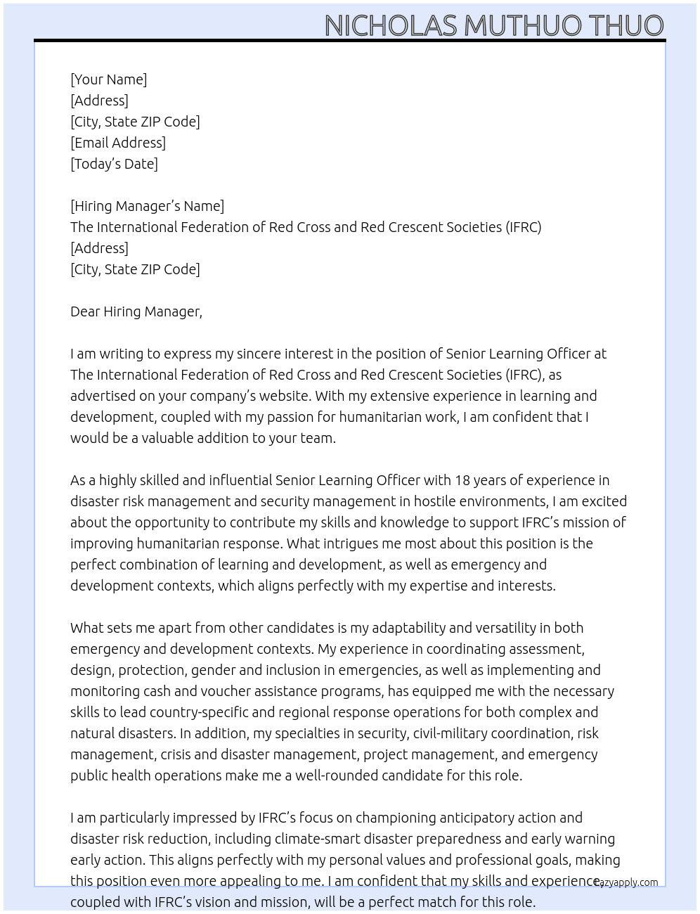 Cover letter for senior learning officer - LazyApply