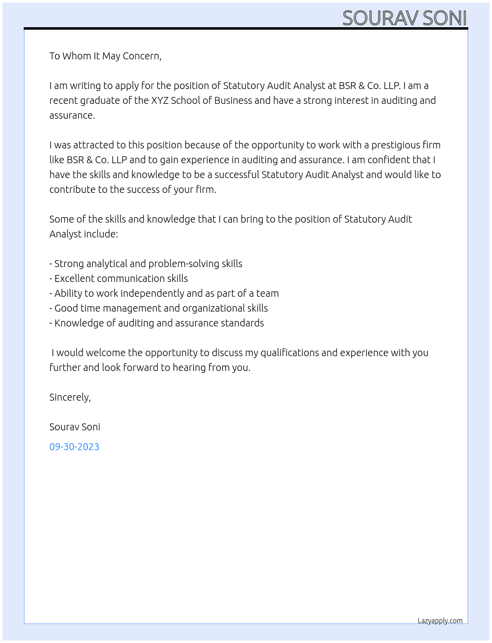 Statutory Audit Analyst At BSR & Co. LLP Cover Letter