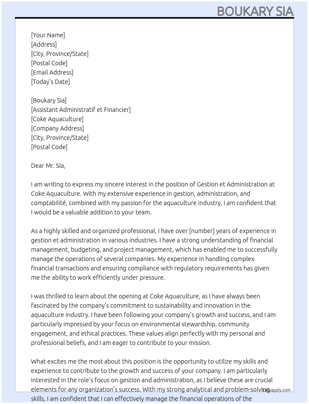 Gestion et administration  At Coke aquaculture  Cover Letter