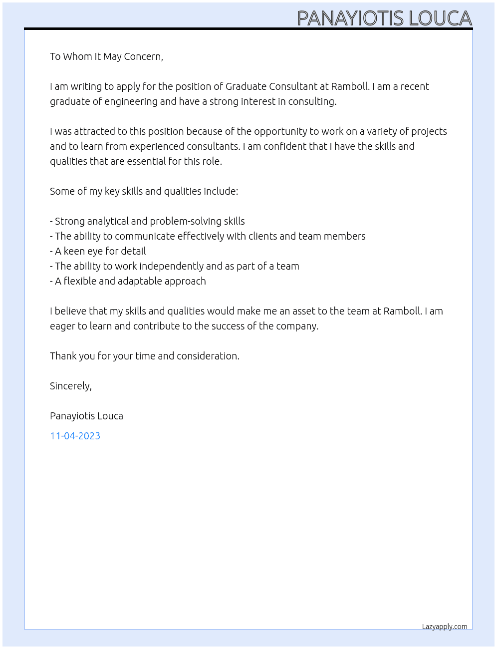 Graduate Consultant  At Ramboll Cover Letter