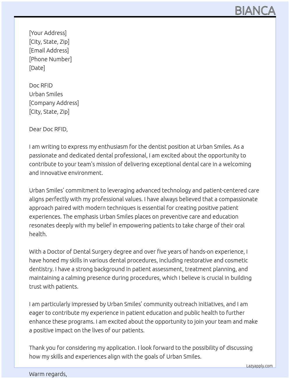 dentist At urban smiles Cover Letter