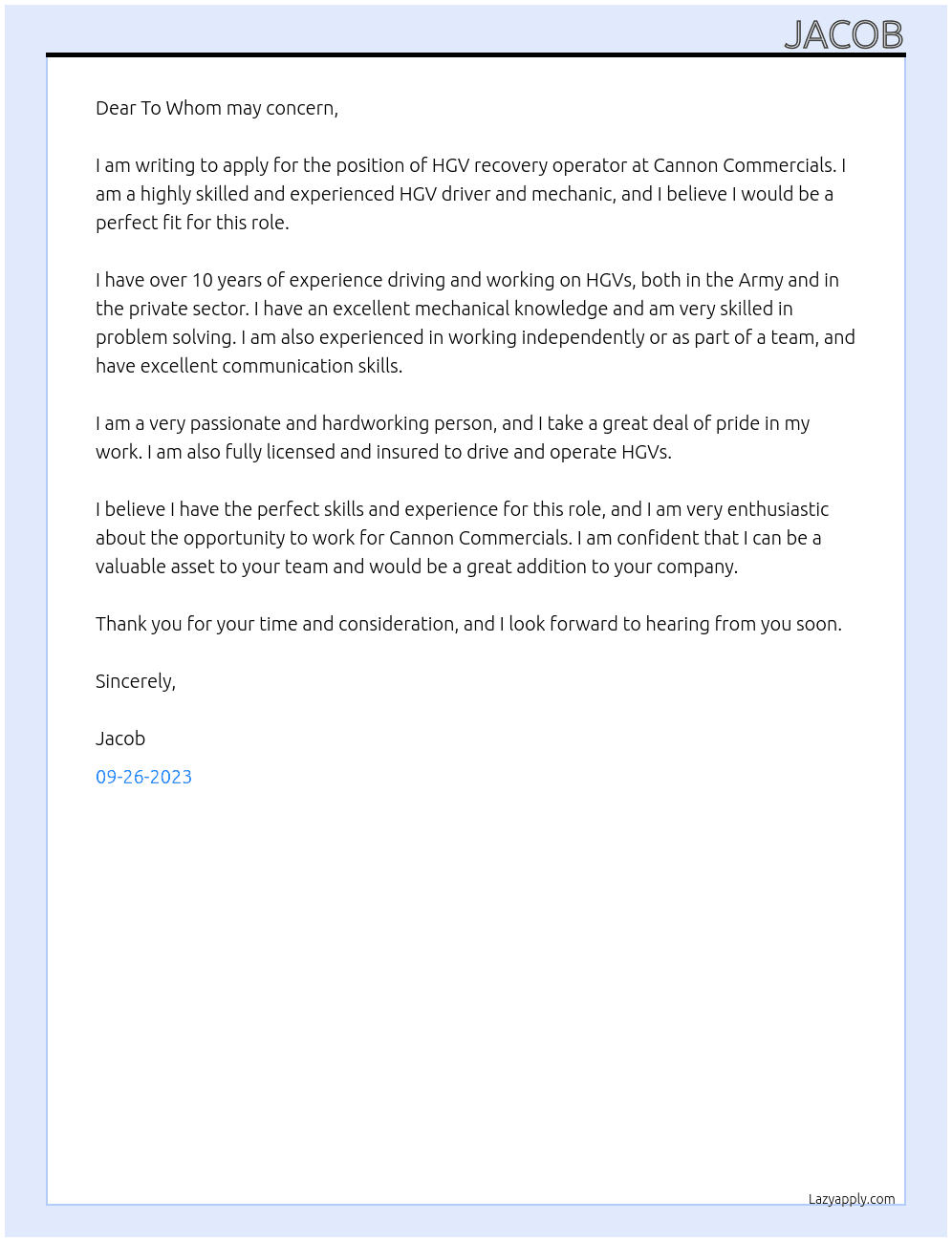 HGV recovery operator  At Cannon Commercials Cover Letter