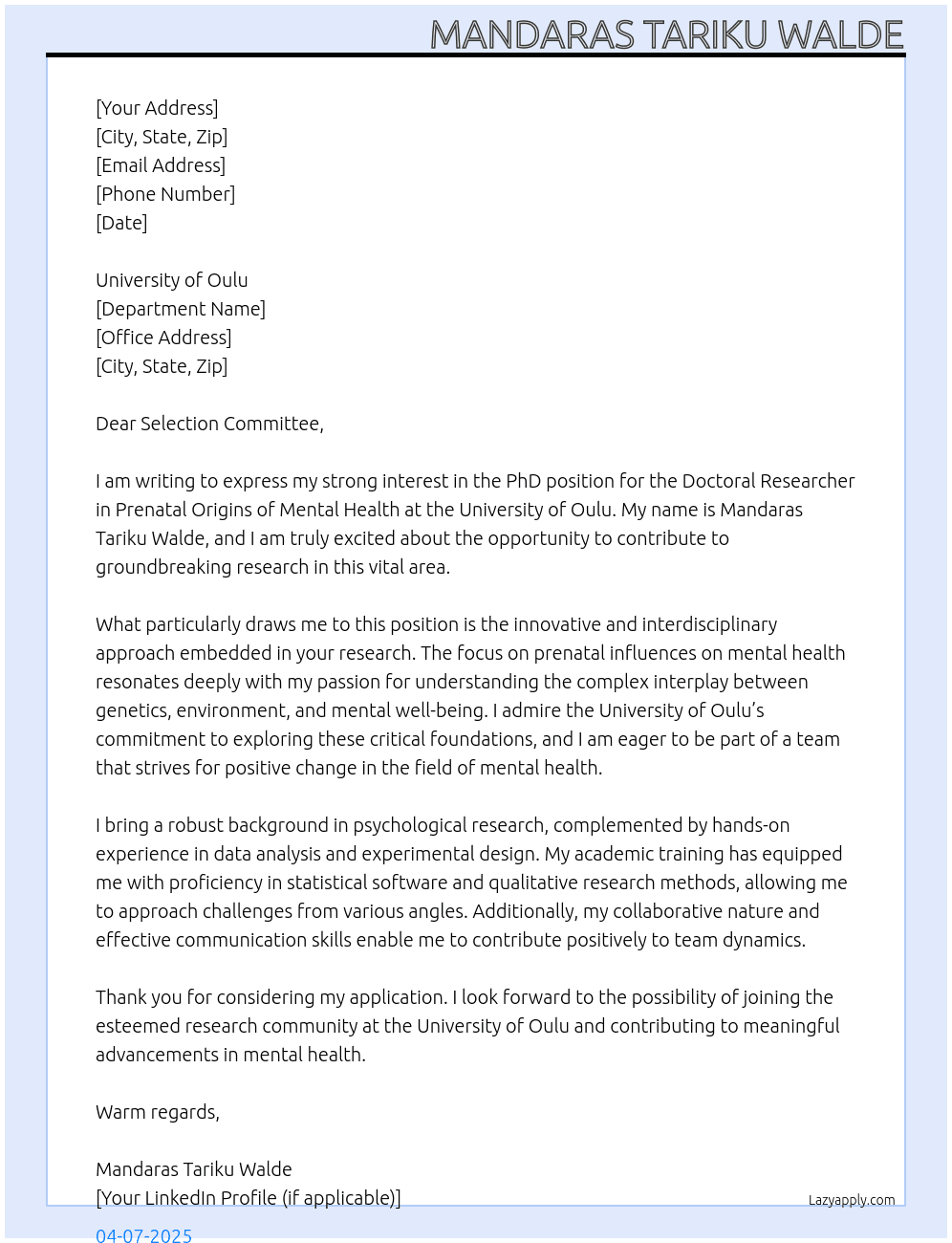Cover letter for phd students - LazyApply