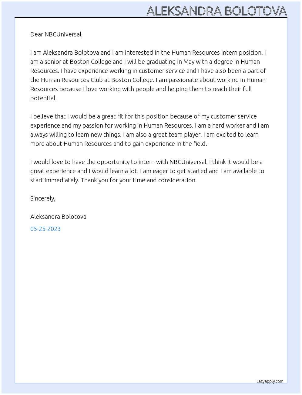 The Human Resources Intern At NBCU Cover Letter