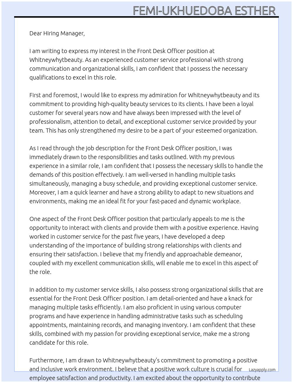 Front desk officer  At Whitneywhytbeauty Cover Letter