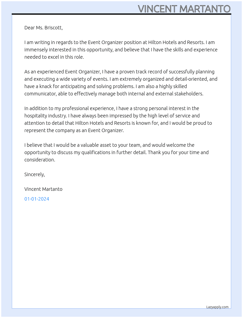 Event Organizer At Hilton Hotl and Resort Cover Letter