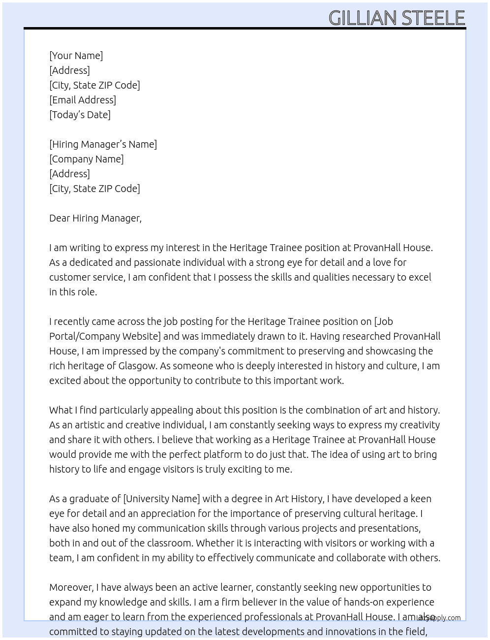 Heritage Trainee  At ProvanHall House  Cover Letter