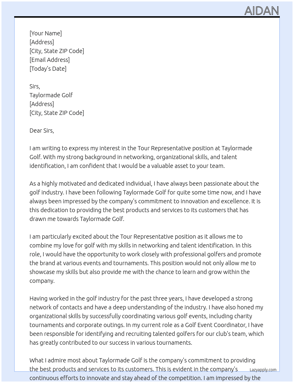 Tour Representative At Taylormade Golf Cover Letter