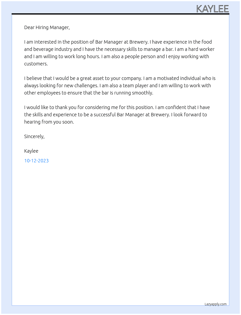 Bar Manager At Brewery Cover Letter