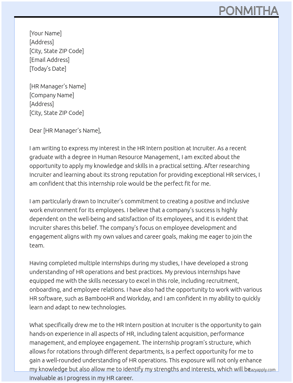 Hr intern At Incruiter Cover Letter
