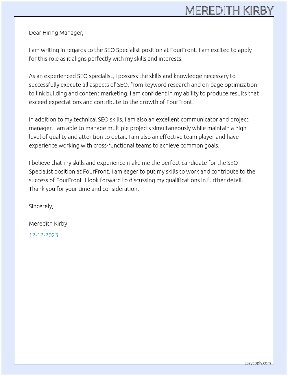 SEO Specialist At FourFront Cover Letter