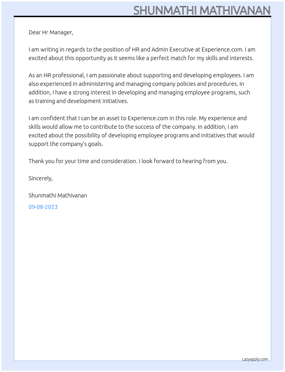 Hr and admin executive  At Experience.com Cover Letter