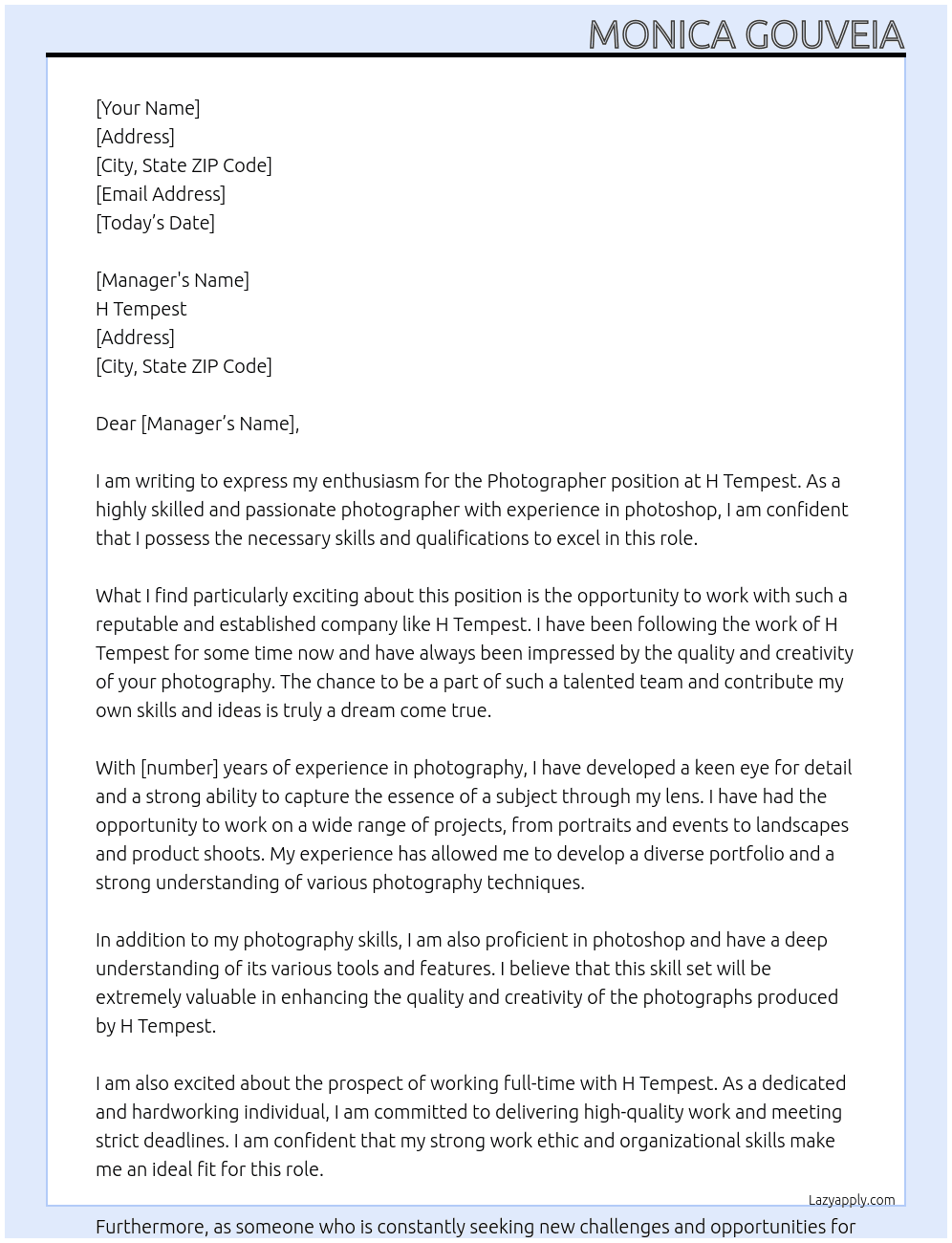 Photographer At H Tempest Cover Letter