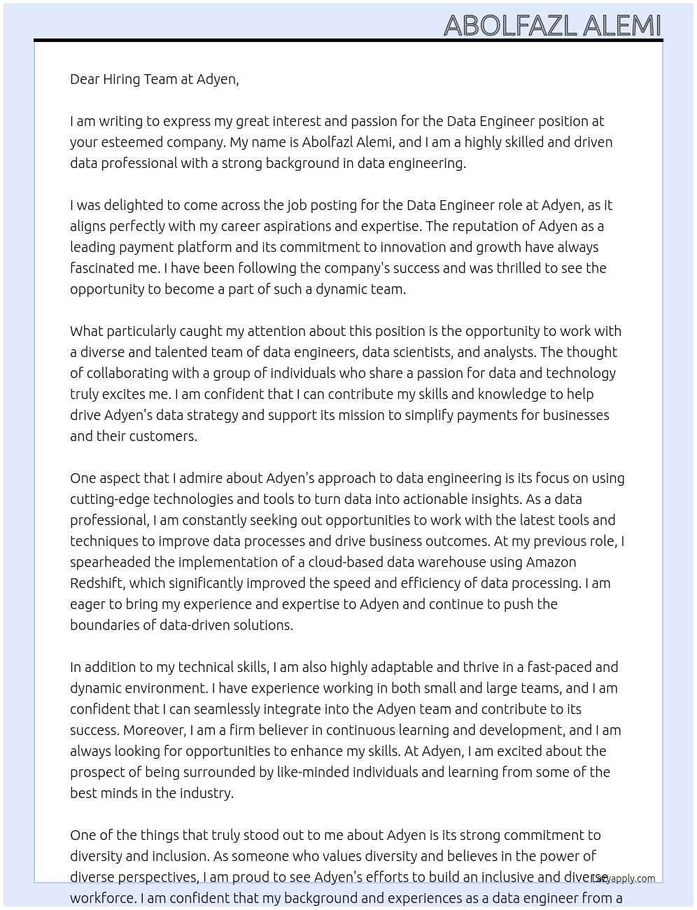 Data Engineer At Adyen Cover Letter