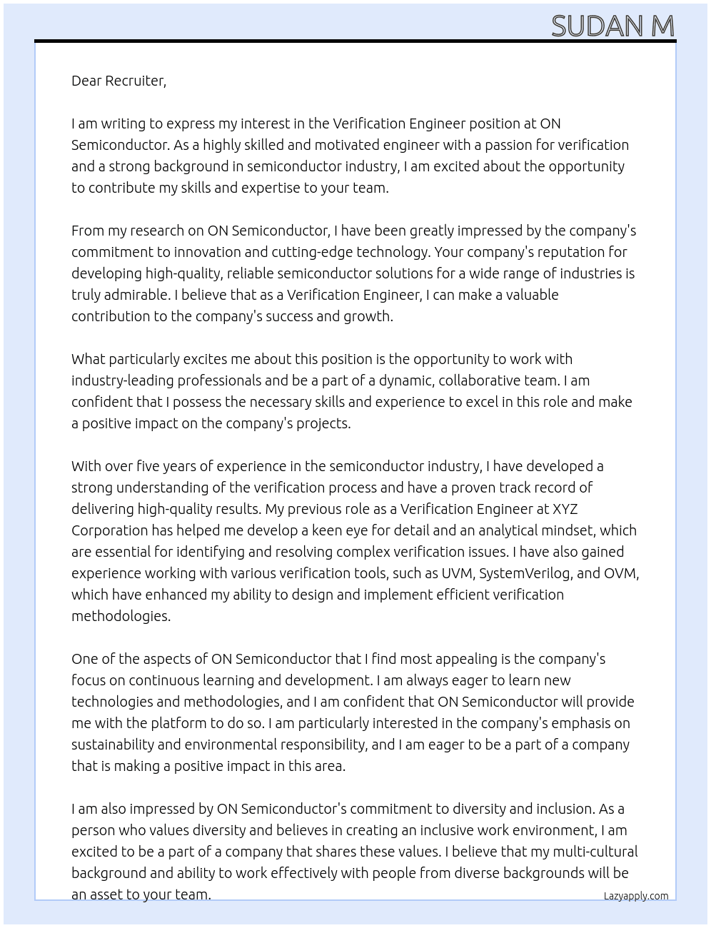 verificcation engineer At onsemi Cover Letter
