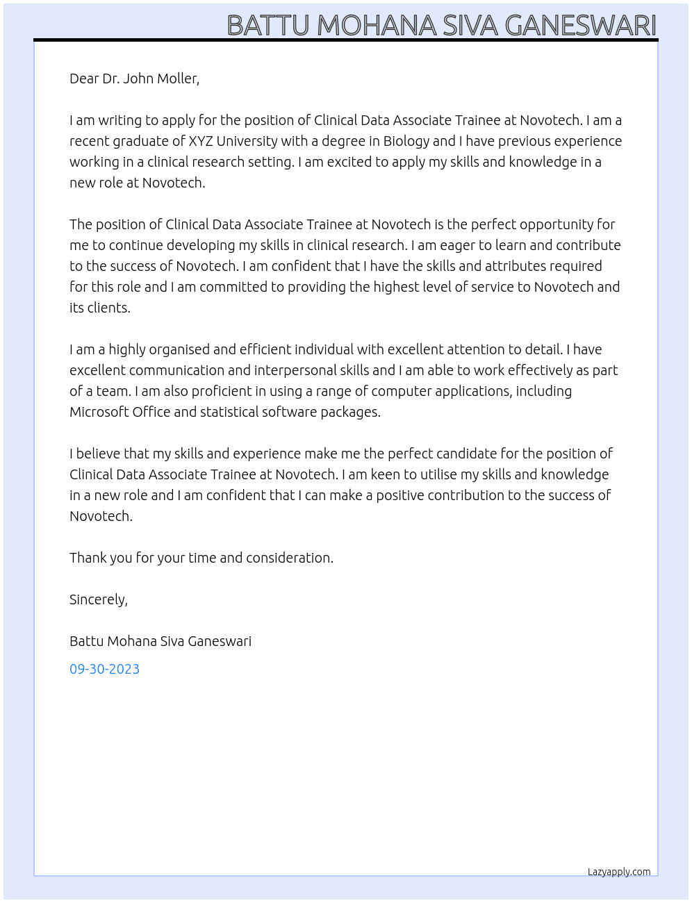 Clinical Data Associate Trainee  At Novotech Cover Letter