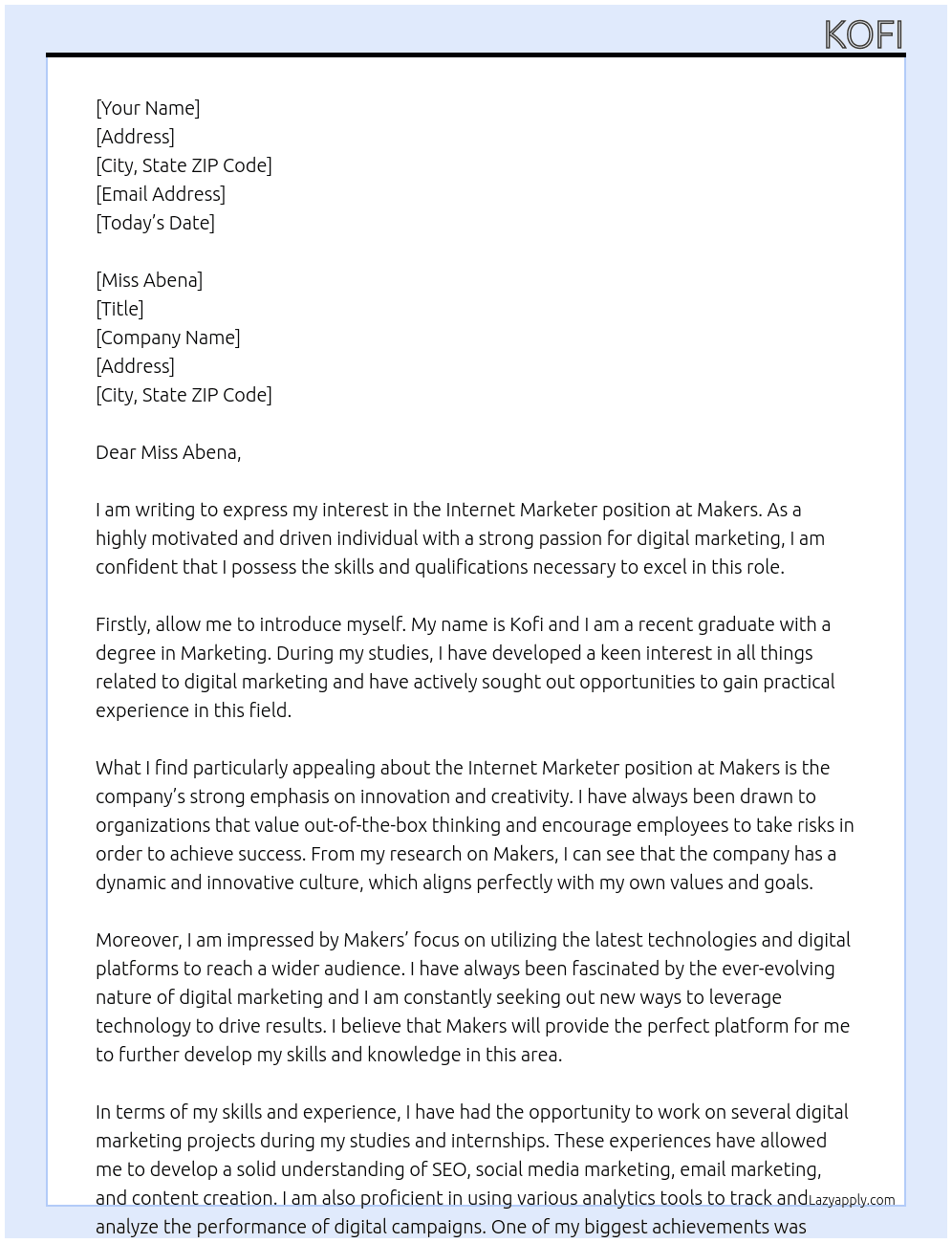 INTERNET MARKETER At MAKERS Cover Letter