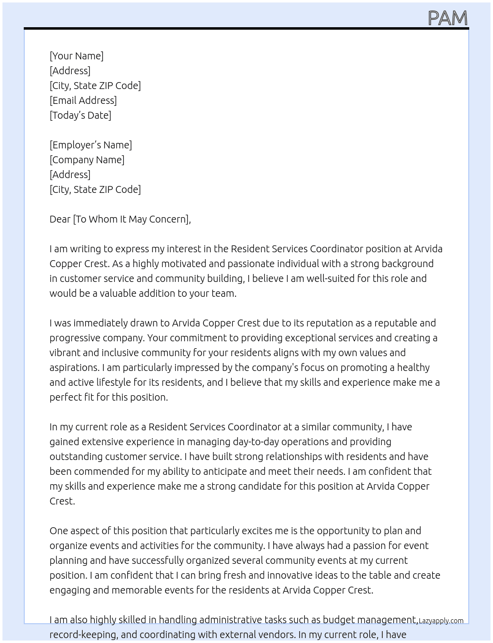 Resident Services Coordinator At Arvida Copper Crest Cover Letter