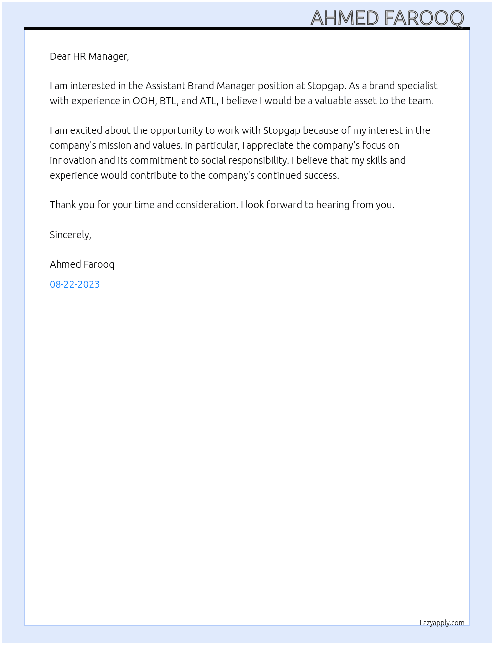 Assistant Brand Manager  At Stopgap Cover Letter
