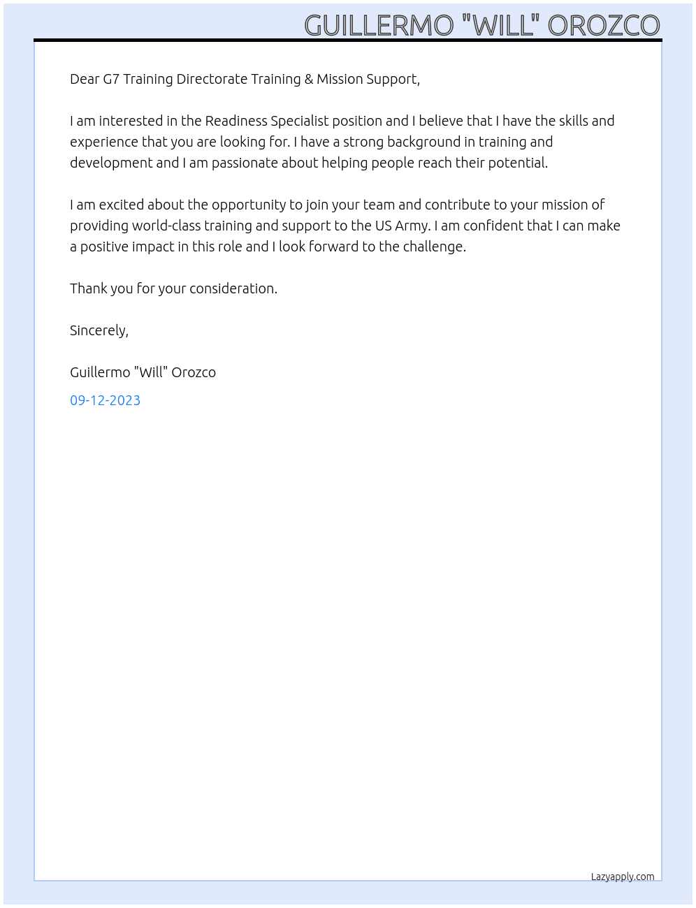 Readiness Specialist At US Army IMCOM HQ Cover Letter