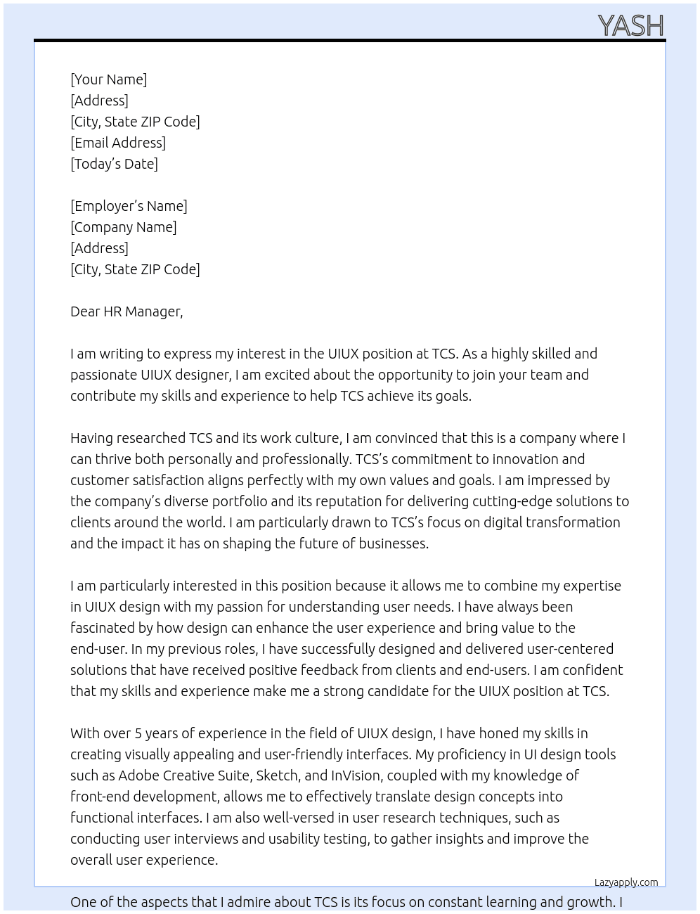 UIUX At TCS Cover Letter