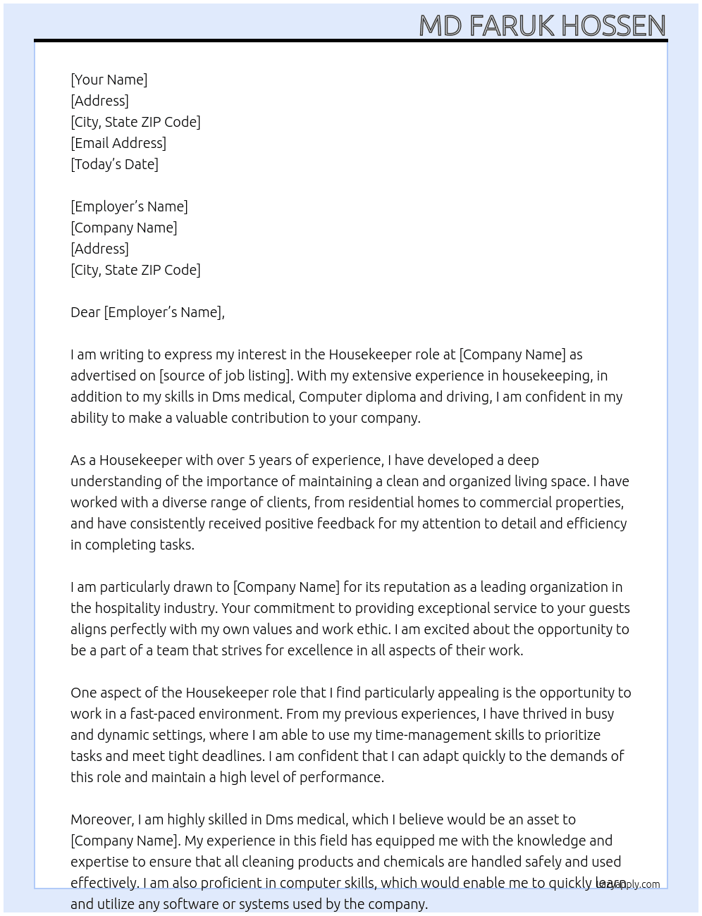 Housekeeper  At Any one company  Cover Letter